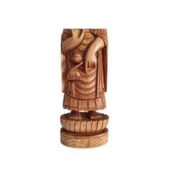 Standing Hand-Carved Wooden Buddha Statue in Abhaya Mudra