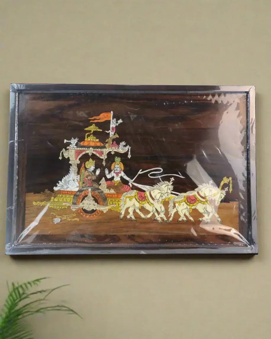 Gita Upadesh Inlay Art – Krishna and Arjuna Scene in Rosewood Frame Arun