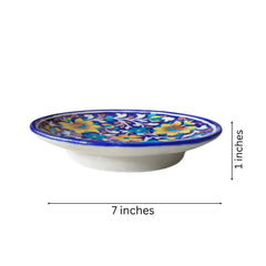 Vibrant Blue Pottery Floral Wall Plate | Yellow & Blue Quartz Ceramic Wall Art Pottery