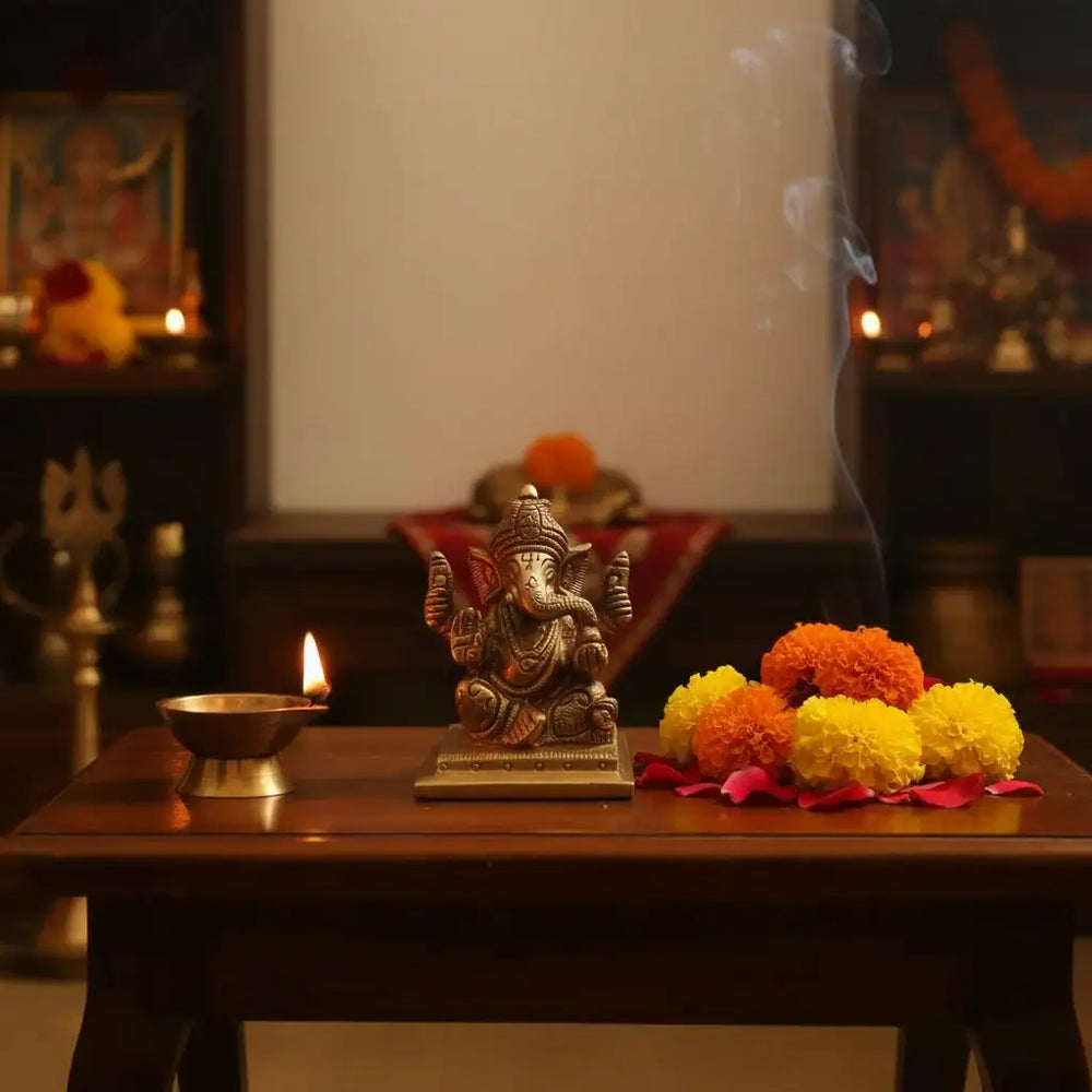 Miniature Brass Lord Ganesha Idol: Four-Armed Bringer of Success and Wisdom Brass Ware