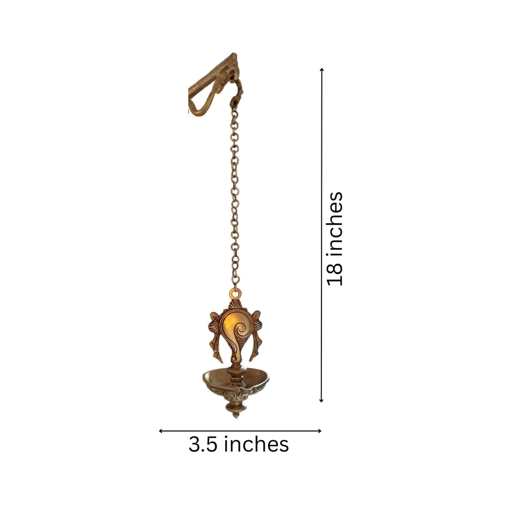 Auspicious Handcrafted Hanging Brass Deepam (Diya) with Decorative Shankha Motif Brass Ware