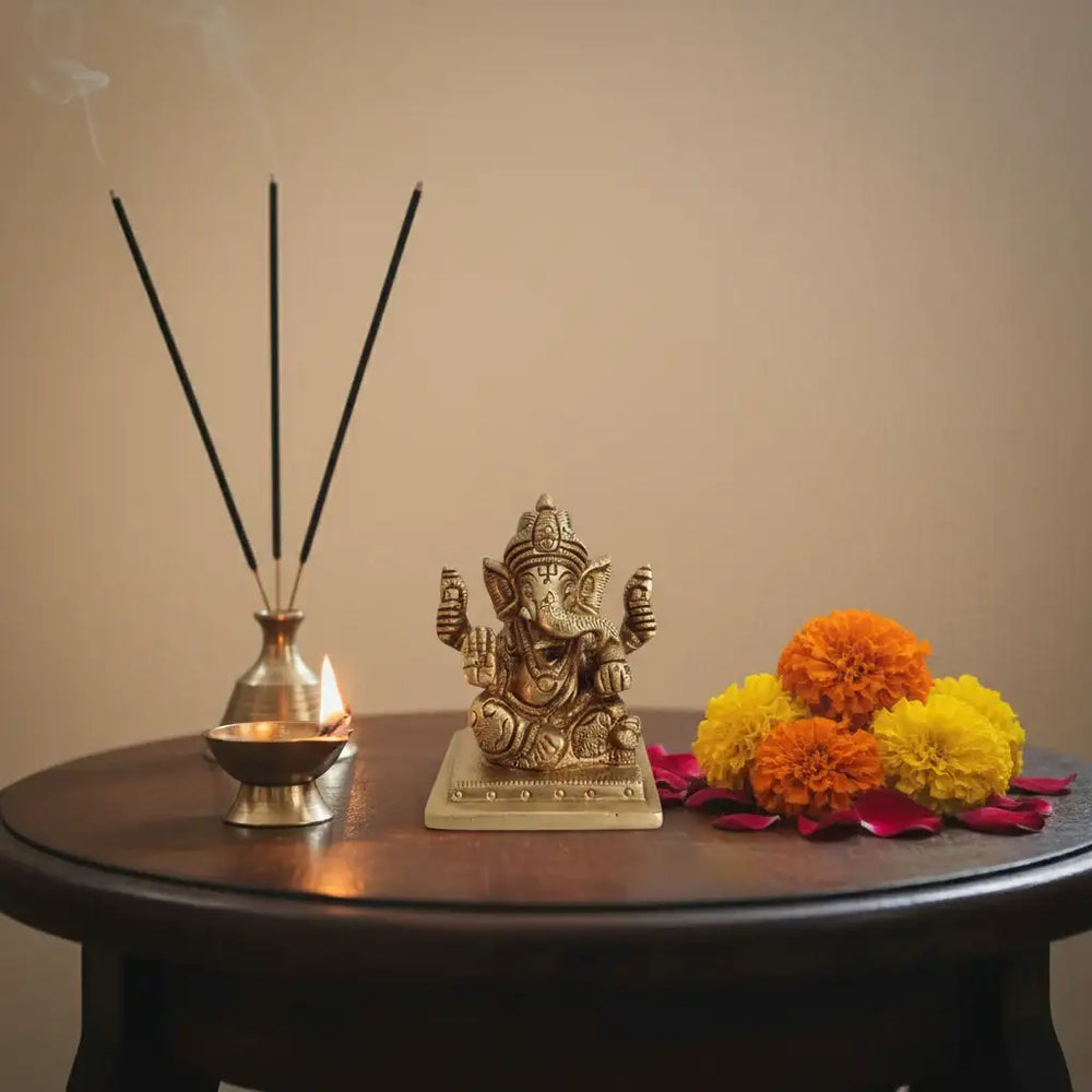 Miniature Brass Lord Ganesha Idol: Four-Armed Bringer of Success and Wisdom Brass Ware