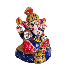 Intricately Painted Royal Blue and Red Lord Ganesha Idol with Turban Metal Decorative