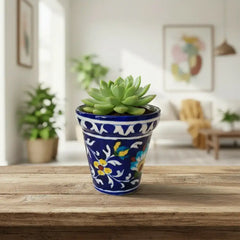 Hand-Painted Blue Pottery Floral Planter | Decorative Plant Pot Pottery