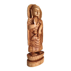 Standing Hand-Carved Wooden Buddha Statue in Abhaya Mudra Wood Decorative