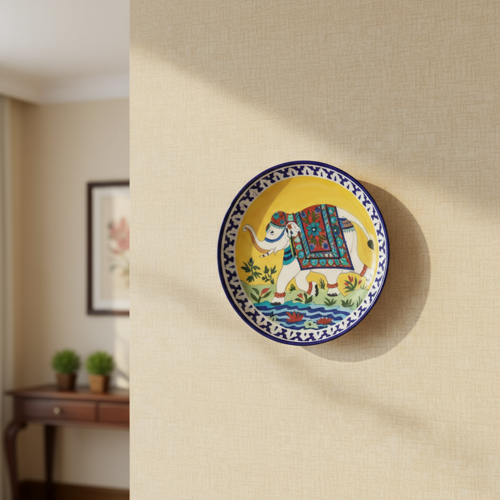 Hand-Painted White Elephant Indian Decorative Wall Plate Pottery