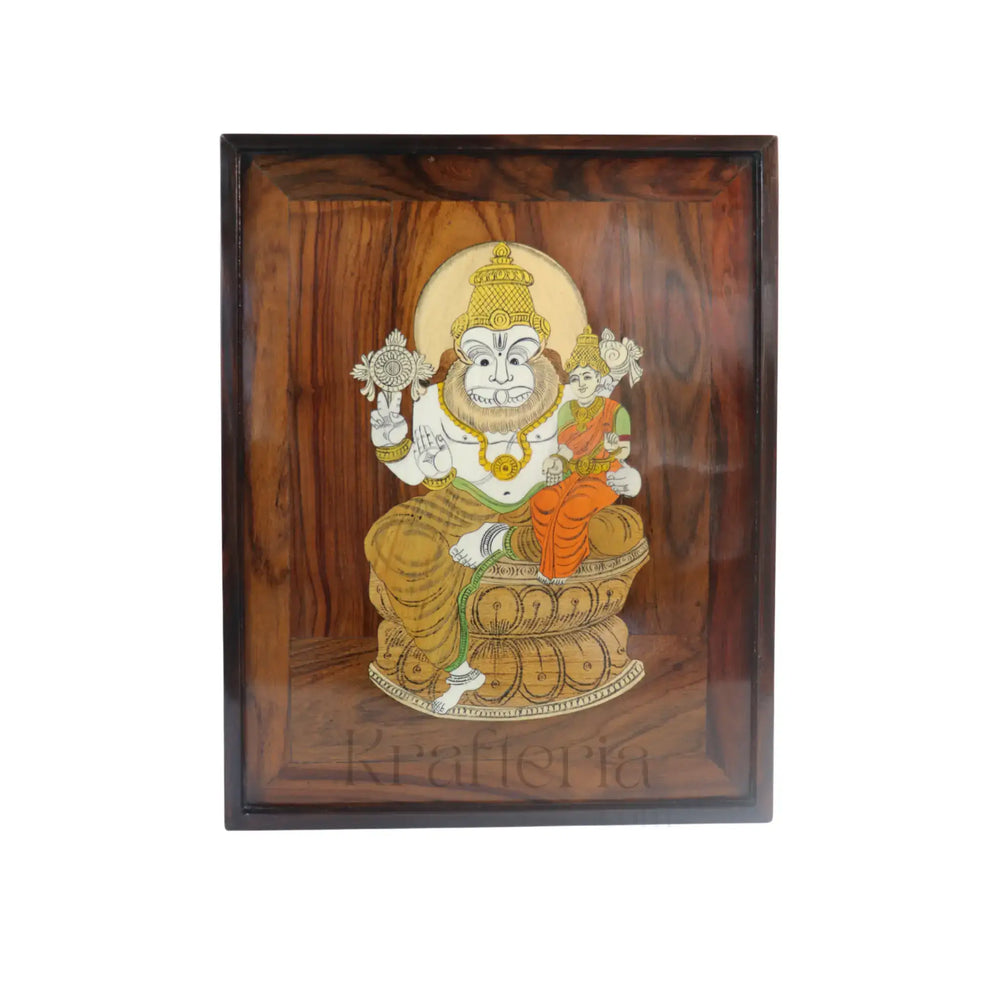 Rosewood Inlay of Lord Lakshmi Narasimha Swamy – Handcrafted Devotional Art Inlay Art