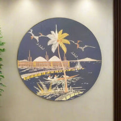 Tropical Beachfront with Boats and Palm Tree wall decor