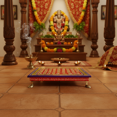 Hand-Painted Wooden Pooja Stool (Chowki) with Traditional Design