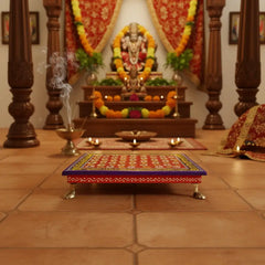 Hand-Painted Wooden Stool For Pooja (Chowki) with Traditional Design Wood Decorative