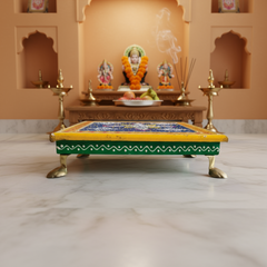 Hand-Painted Wooden Pooja Stool (Chowki) with Traditional Design