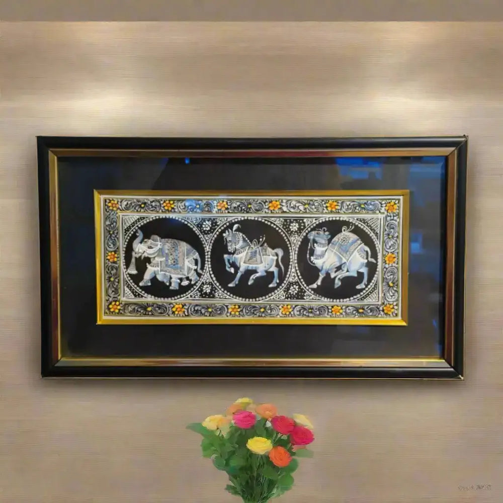 Rajasthan Miniature Hand-Painted Elephant and Horse Trio Paintings