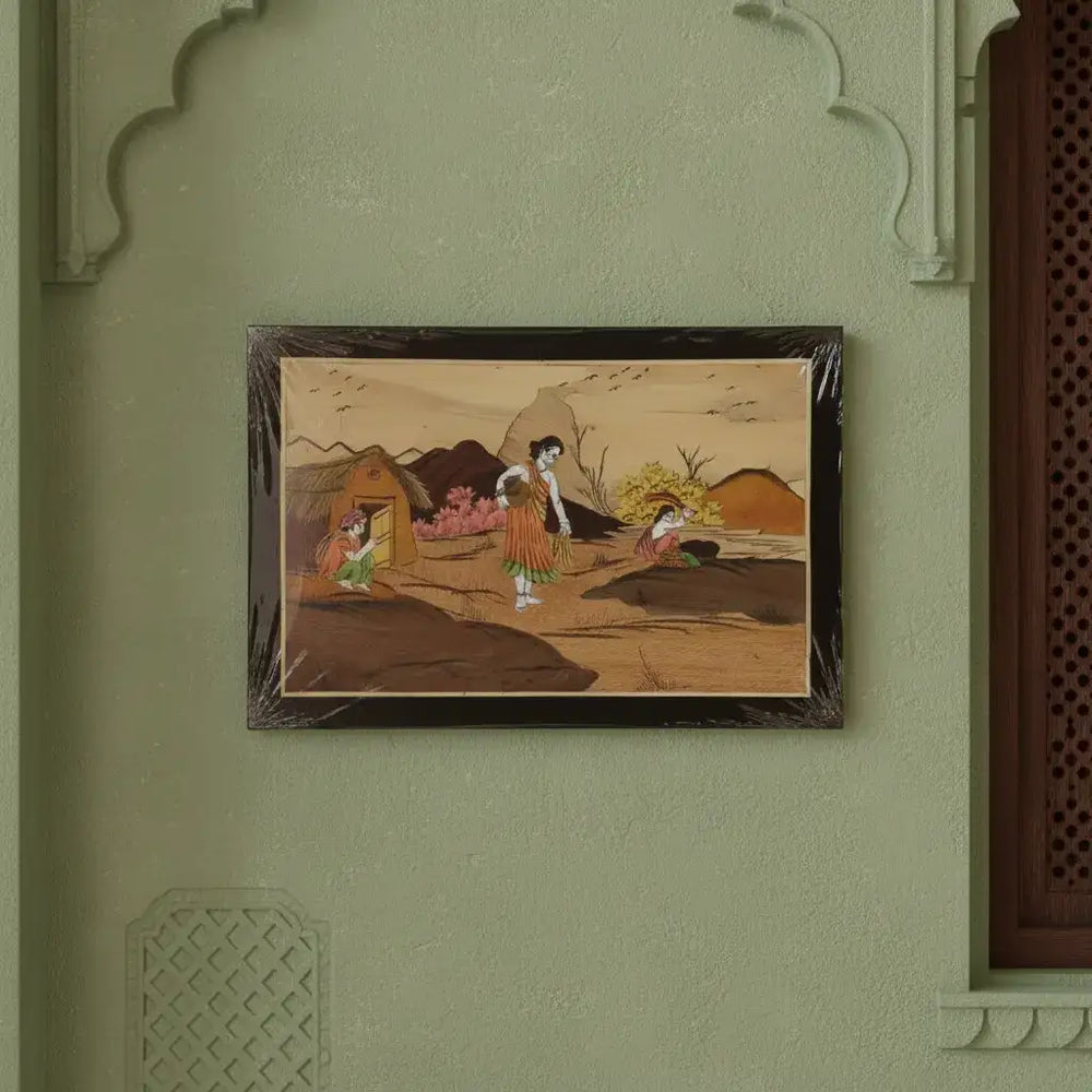 Village Life Scene in Wooden Inlay – Lady Washing Cloth Handmade Art Arun
