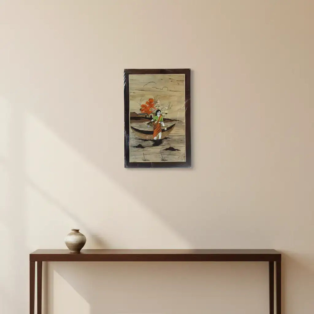 Wood Inlay Fisher Woman Frame – Handmade Rural Life Artwork Arun