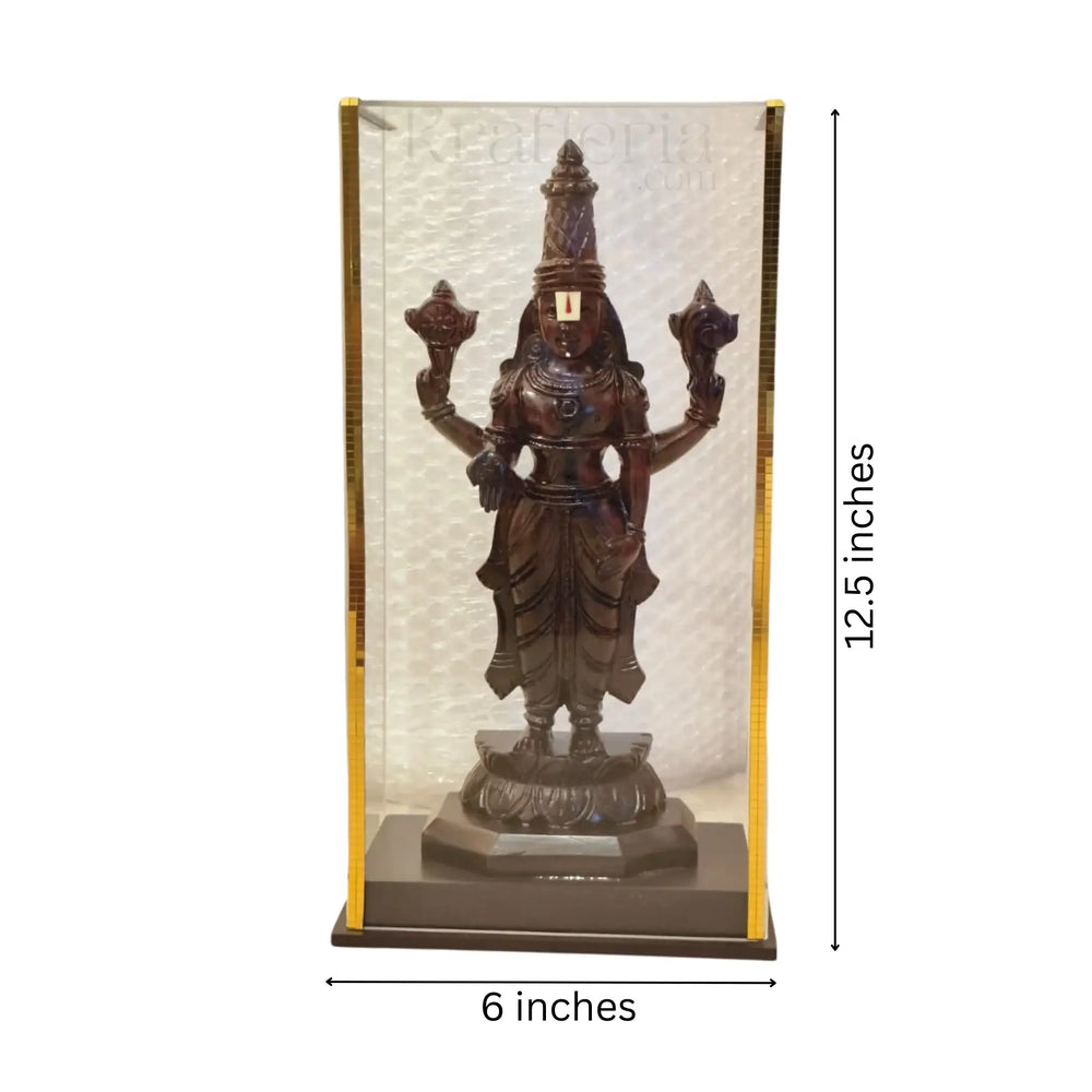 Divine Lord Venkateswara Idol Encased in Glass - Rosewood Wooden Sculpture
