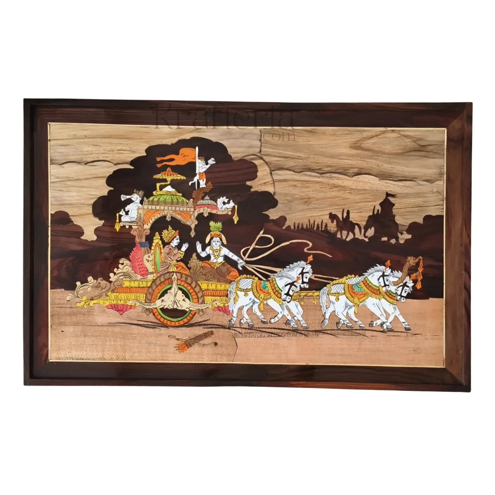 Spiritual Inlay Panel – Bhagavad Gita Depiction in Wood Inlay Art