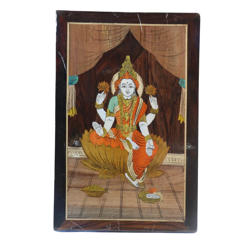 Divine Lakshmi Devi Wooden Inlay Frame – South Indian Handmade Masterpiece Arun