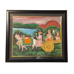 The Royal Journey in an Ox-Drawn Chariot – A Rajasthani Miniature Painting Paintings