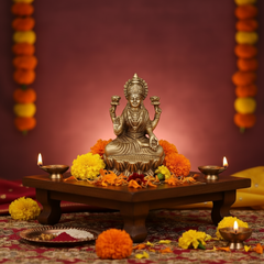 Brass Idol of Goddess Lakshmi Seated on Lotus - Four-Armed Deity
