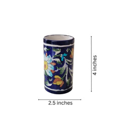 Artisanal Blue Pottery Pen Holder | Floral Desk Organizer Pottery