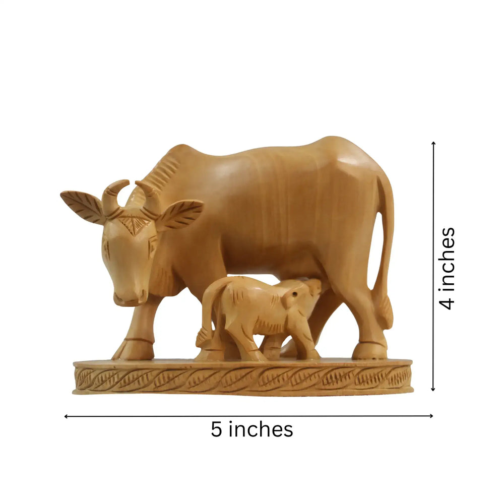 Hand-Carved Wooden Cow with Calf Wooden Decorative