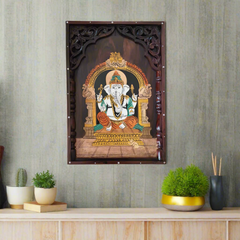 Handcrafted Rosewood Inlay Art – Lord Ganesha in Temple Frame