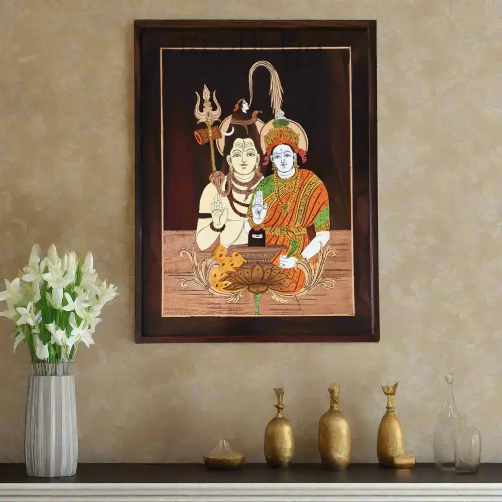 Spiritual Rosewood Artwork – Shiva Parvati Blessing Pose Inlay Art