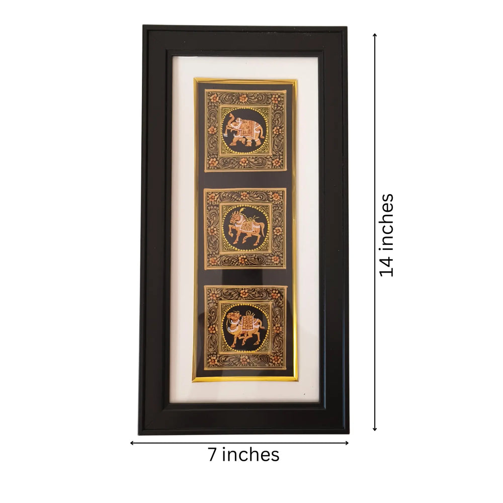 Framed artwork with three decorative panels on a white background