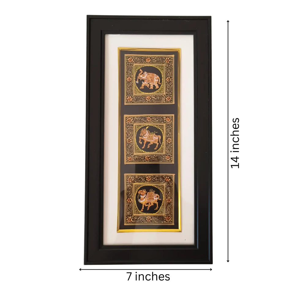 Framed artwork with three decorative panels on a white background