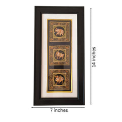 Framed artwork with three decorative panels on a white background