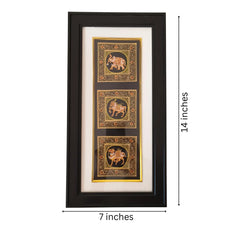 Framed artwork with three decorative panels on a white background