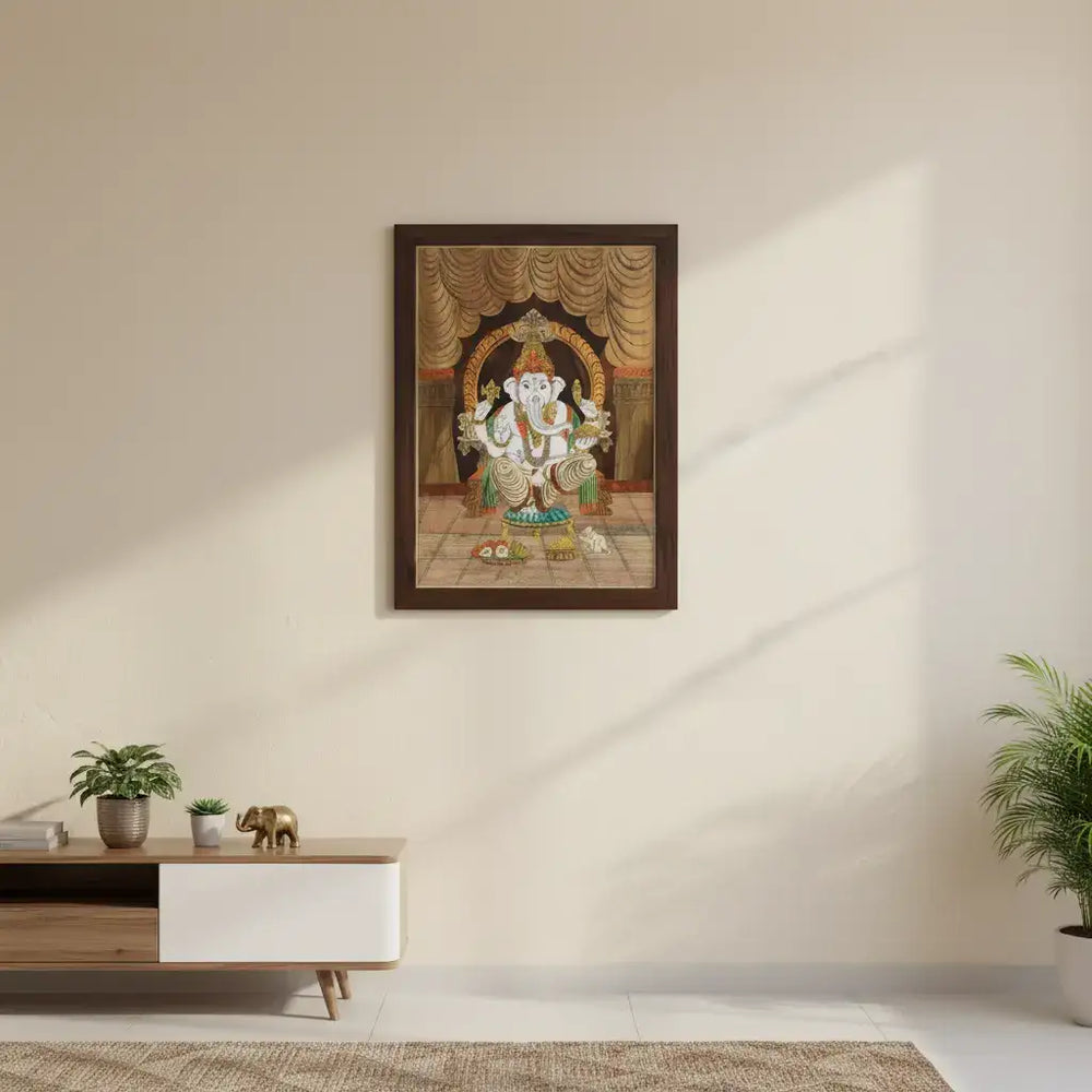 Lord Ganesha Seated on Chair – Rosewood Inlay Frame Inlay Art