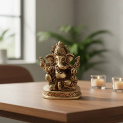 Brass Lord Ganesha Idol – Seated Four-Armed Remover of Obstacles for Auspicious Beginnings Brass Ware