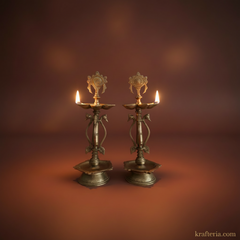 Grand Brass Shankh Chakra Pedestal Lamps | Pair of Traditional Tall Vishnu Symbol Diyas Brass Artwork