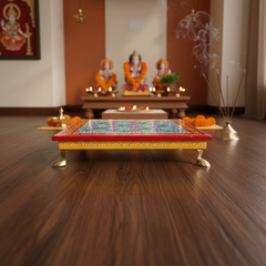 Hand-Painted Wooden Pooja Stool (Chowki) with Traditional Design