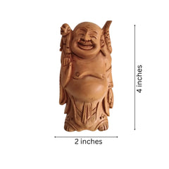 Hand-Carved Wooden Laughing Buddha with Child and Fish Wood Decorative