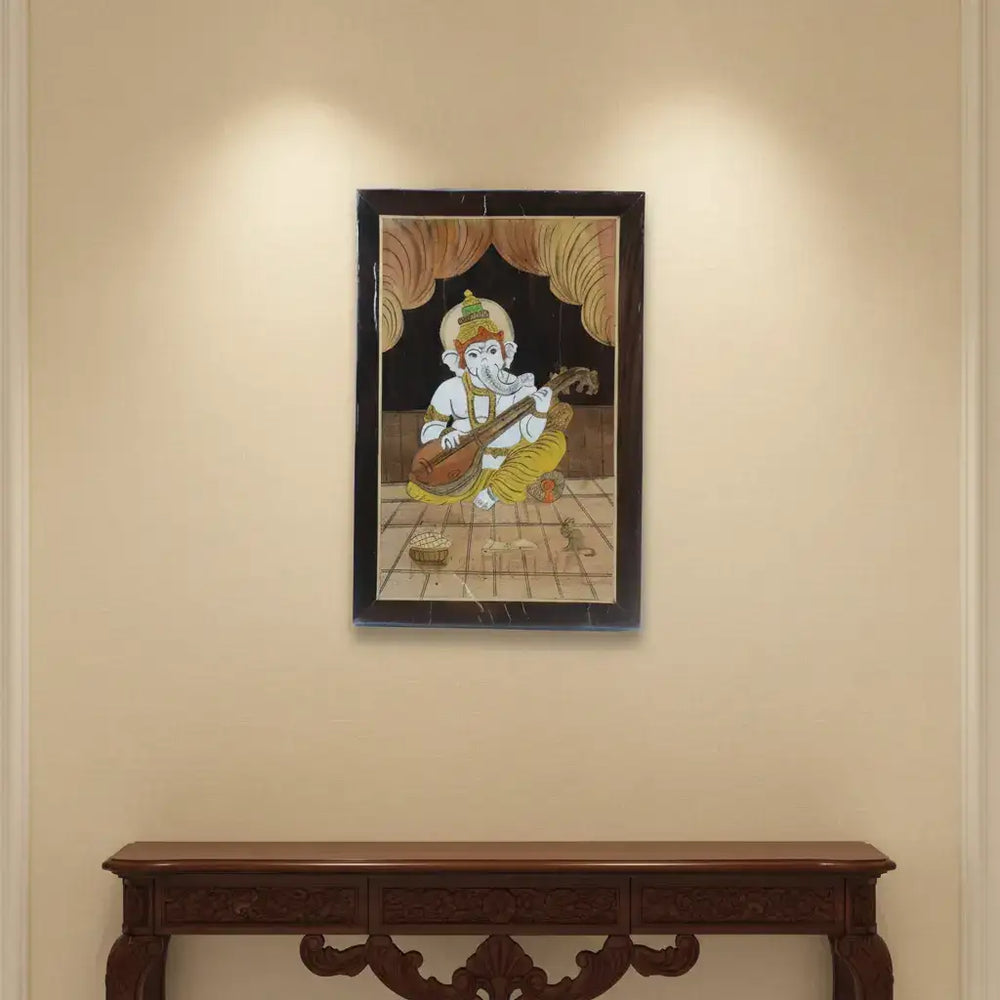 Ganesh in Temple Scene – Wooden Inlay Spiritual Artwork for Home & Office Arun