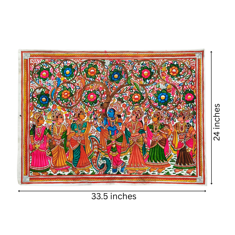 Krishna's Divine Flute Amidst the Gopis and Kalpavriksha Leather Paintings