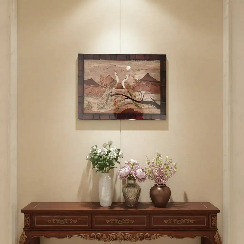 Couple Peacock Wood Inlay – Traditional Mysore Rosewood Artwork Arun