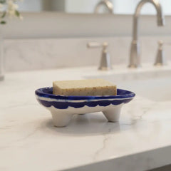 Hand-Painted Blue Pottery Heart-Shaped Soap Dish | Floral Design Pottery