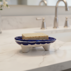 Hand-Painted Blue Pottery Heart-Shaped Soap Dish | Floral Design