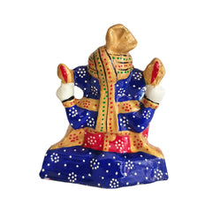 Intricately Painted Royal Blue and Red Lord Ganesha Idol with Turban