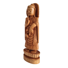 Standing Hand-Carved Wooden Buddha Statue in Abhaya Mudra