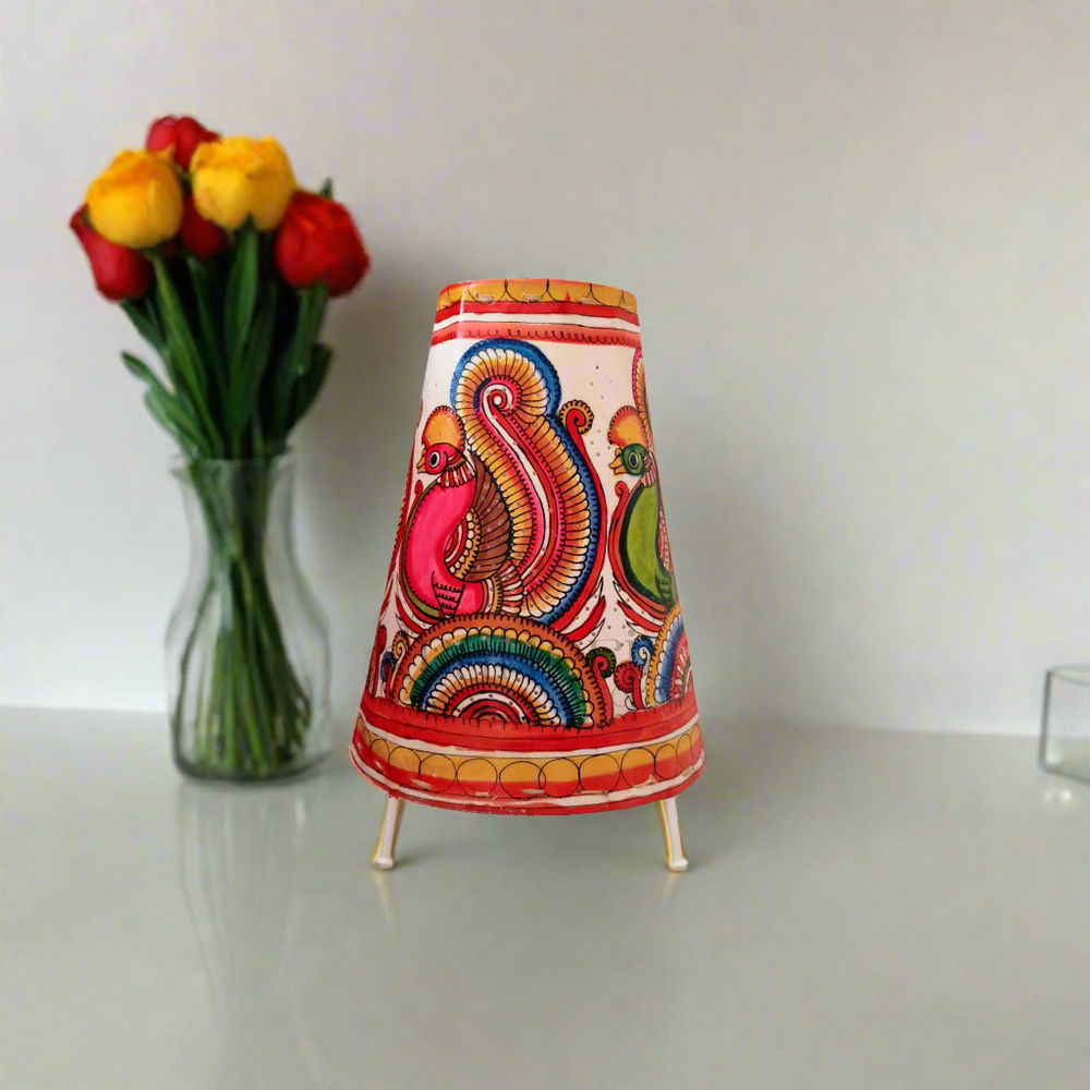 Handcrafted Leather Puppetry Vibrant Peacock Motifs | Bed Lamp Leather Paintings