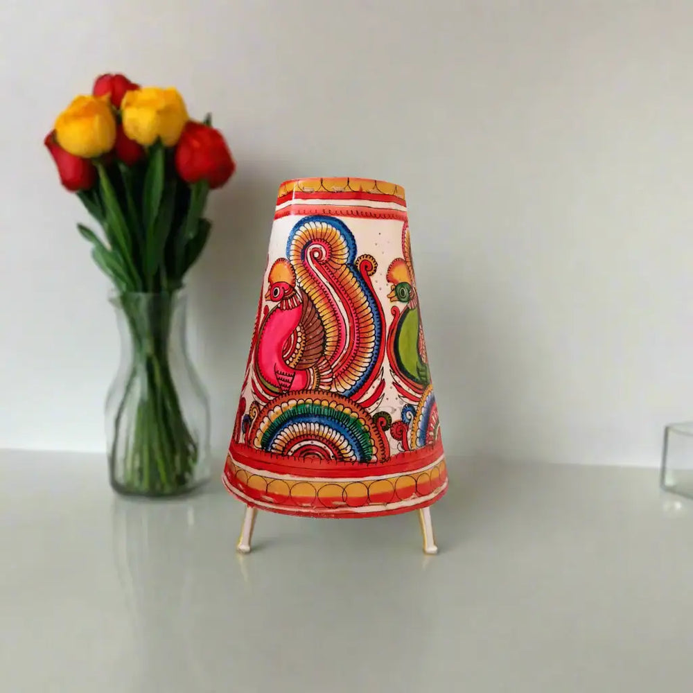 Handcrafted Leather Puppetry Vibrant Peacock Motifs | Bed Lamp Leather Paintings