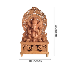 Grand Hand-Carved Wooden Ganesha Sculpture on Pedestal with Prabhavali and Mushaks