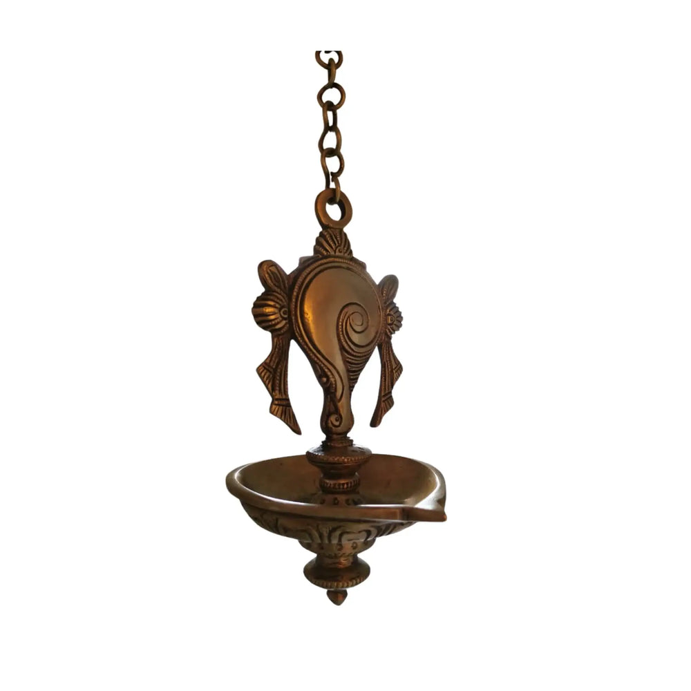 Auspicious Handcrafted Hanging Brass Deepam (Diya) with Decorative Shankha Motif Brass Ware
