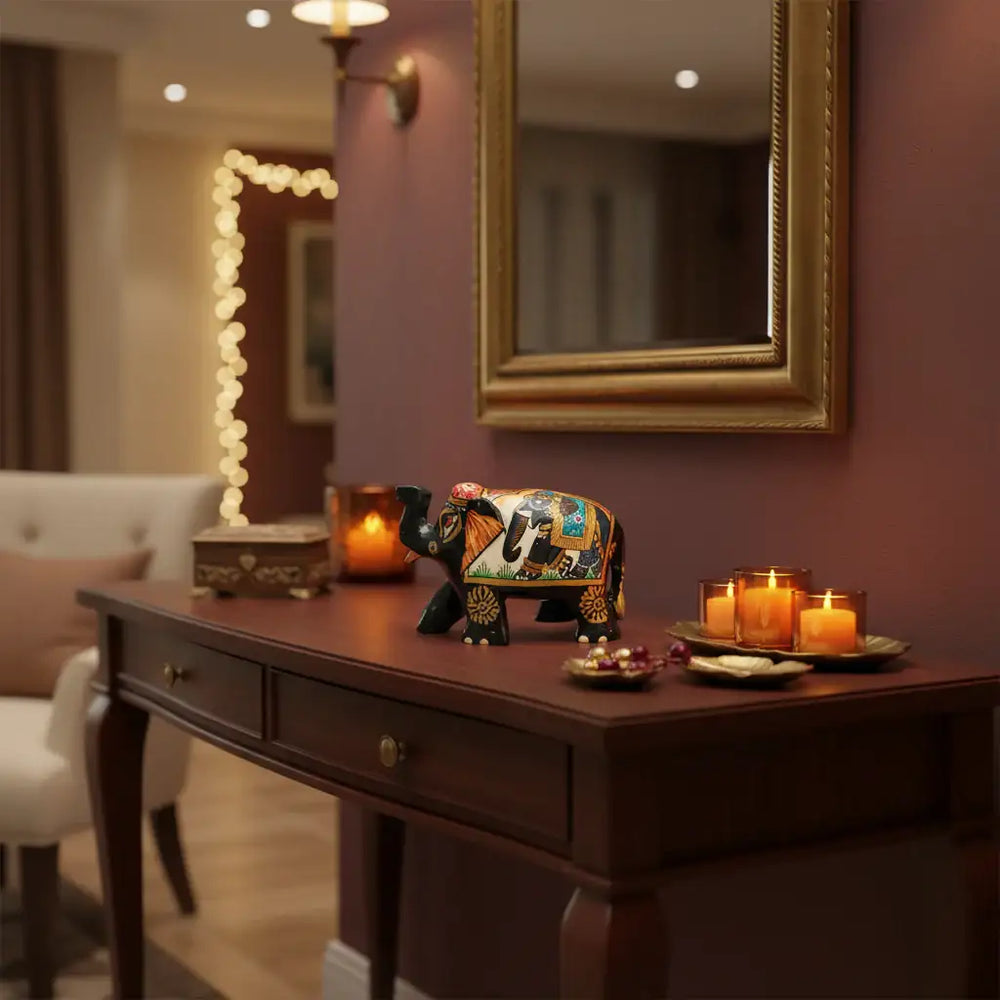 Hand-Painted Black Elephant Figurine with Traditional Indian Art Wood Decorative