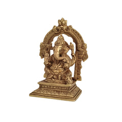 Brass Lord Ganesha Idol with Prabhavali Arch and Elaborate Pedestal Brass Ware