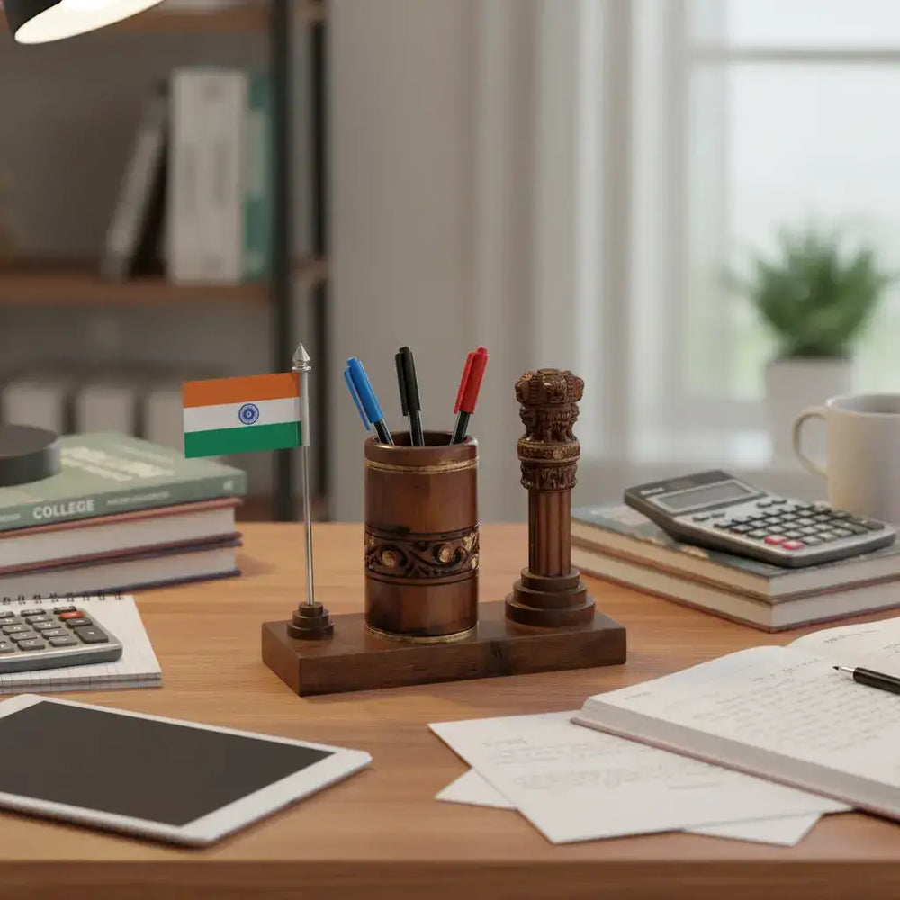 Ashoka Pillar Pen Stand – Wooden Office Table Accessory maruthi handicrafts